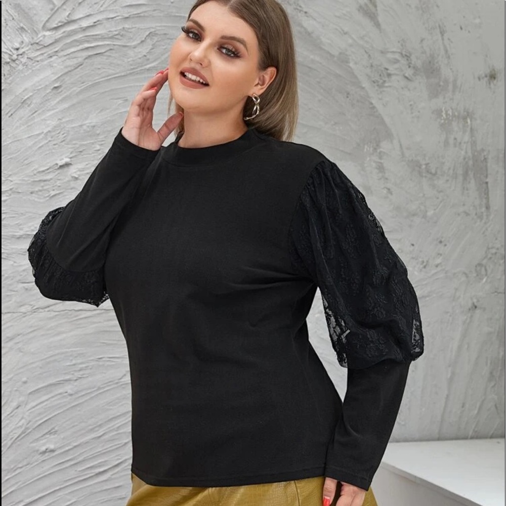 Lace Accented Long Sleeve Crew Neck Blouse